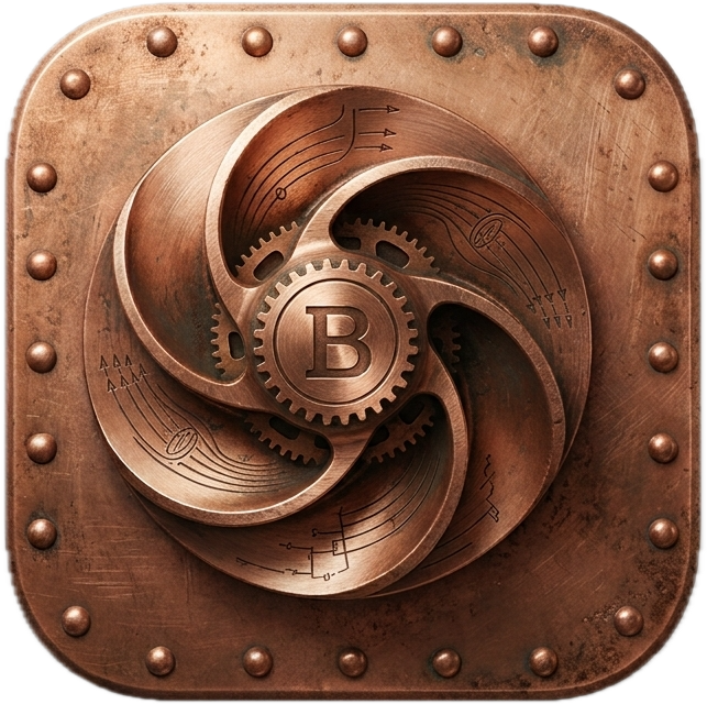 Baldwin app logo, a copper mechanism with a B at its center